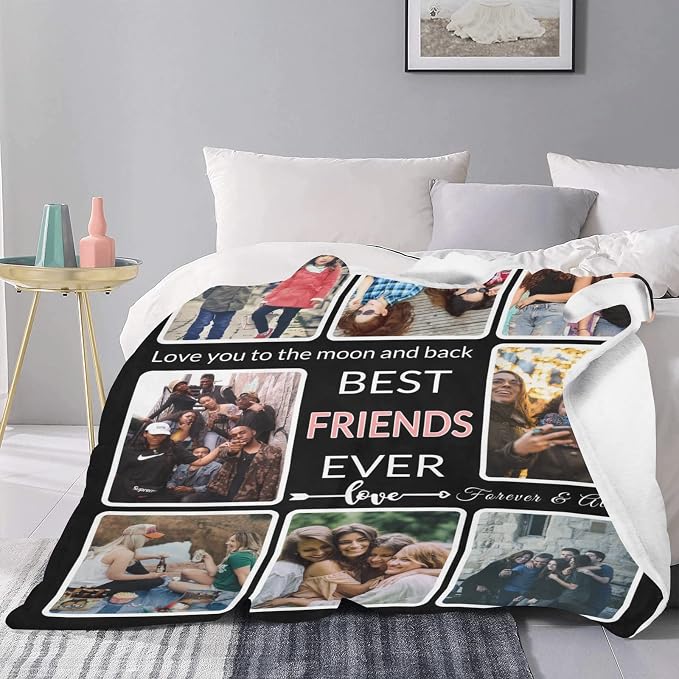 Gifts for Friend Customized Blanket with Photo, Make a Personalized Friends Blankets with Picture Custom Memories Souvenir Throw Blanket for Best Friends Ever, 8 Collage Made in USA