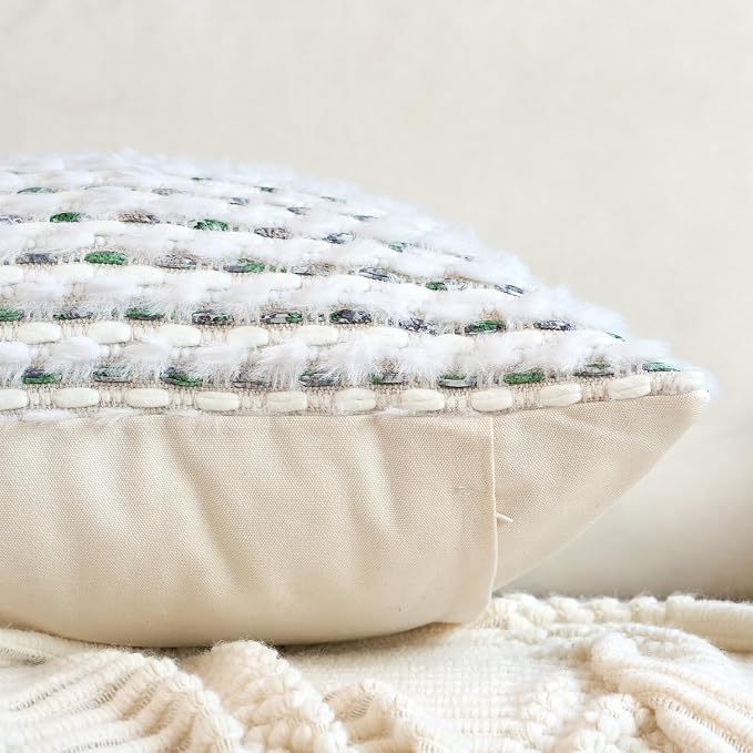 Aeckself Handmade Boho Chenille Tufted Pillow Cover 12x20 Inch, Rectangle Decorative Lumbar Throw Pillow Cover Neutral Pillowcase for Couch Bedroom Living Room, Green White