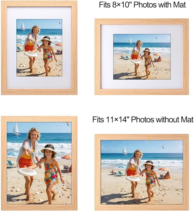 11x14 Picture Frame-Natural Oak,8x10 Mat,Tempered Glass,Engineered Wood