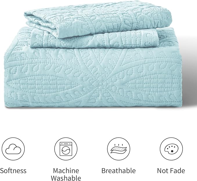 Love's cabin Oversized King Size Quilt Bedding Set Spa-Blue Bedspreads - Oversized King Lightweight Bedspread Comforter - Coin Pattern Coverlet for All Season - 3 Pieces (1 Quilt, 2 Pillow Shams)