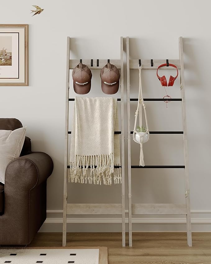 Hzuaneri Blanket Ladder Decorative Quilt Rack with 4 Removable Hooks | 5-Tier Farmhouse Ladder Holder Shelf Organizer for Living Room Bedroom Greige and Black BR02105B