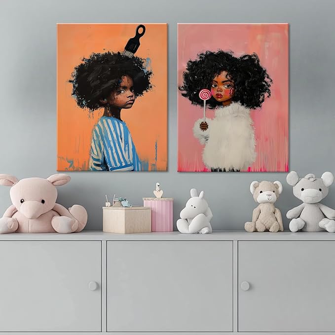 ouiytws Black Girl Wall Art Set of 2, Afro Canvas Prints for Kids Room | Framed 12x16 inch diptych wall art for kids bedroom, cute boho modern painting, ideal boys and girl room decor