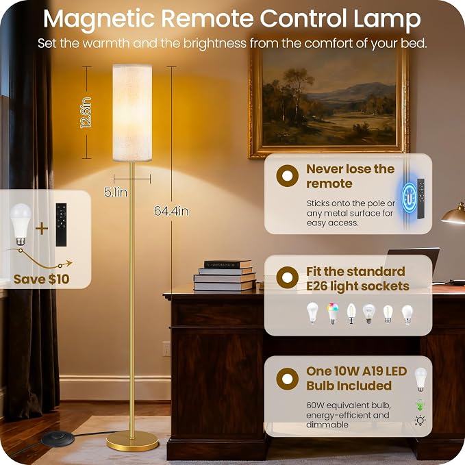 Set of 2 Dimmable Floor Lamps for Living Room with 2 Remotes and Foot Switch, Modern Standing Tall Lamp, Corner Lamp for Bedroom, Bulb Included, 3000K-6500K, Beige and Gold DE06LDP205W1