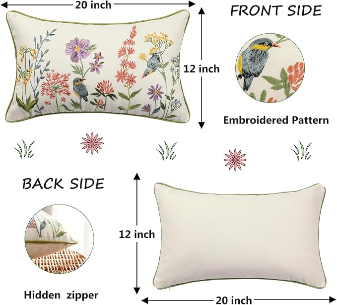 Embroidered Throw Pillow Covers 12x20 Pack of 2 Birds and Flowers | Durable Fabric,Square Pillow Cover,Boho Decorative,Hidden Zipper,Aesthetic Design,Ideal Gift,Machine Washable