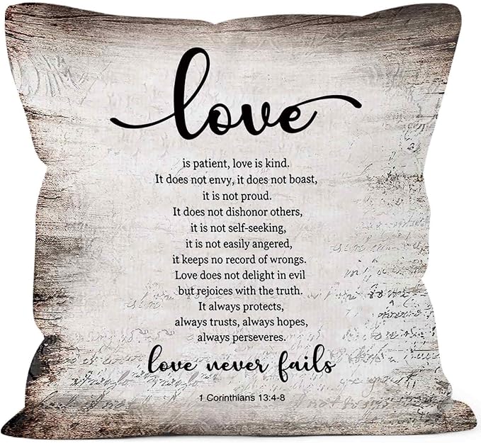 Vintage Christian Bible Verse Love Never Fails Throw Pillow Covers 18x18, Rustic Scripture Corinthians Decor Pillow Cases for Bedroom Living Room, Religious Decorative Pillowcase for Couch Bed