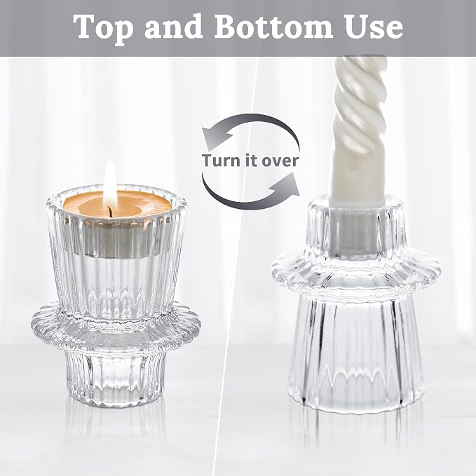 Candlestick Holders Set of 6, Ribbed Glass Taper Candle Holders, Reversible Clear Tealight & Candle Stick Candle Holder Vintage Crystal Tealight Candle Holder for Wedding Dinner Party