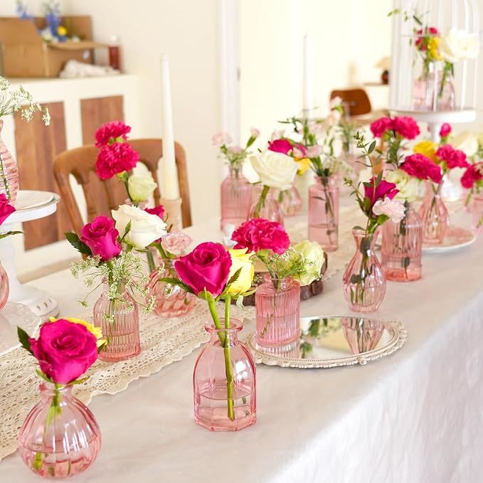 Pink Glass Bud Vases in Bulk 24 Pink Vase Small Vases for Decor | Modern Ribbed Glass Bud Vase for Wedding Flower Vase Bulks Vintage Decor Bridal Shower Centerpieces Home Table Decoration