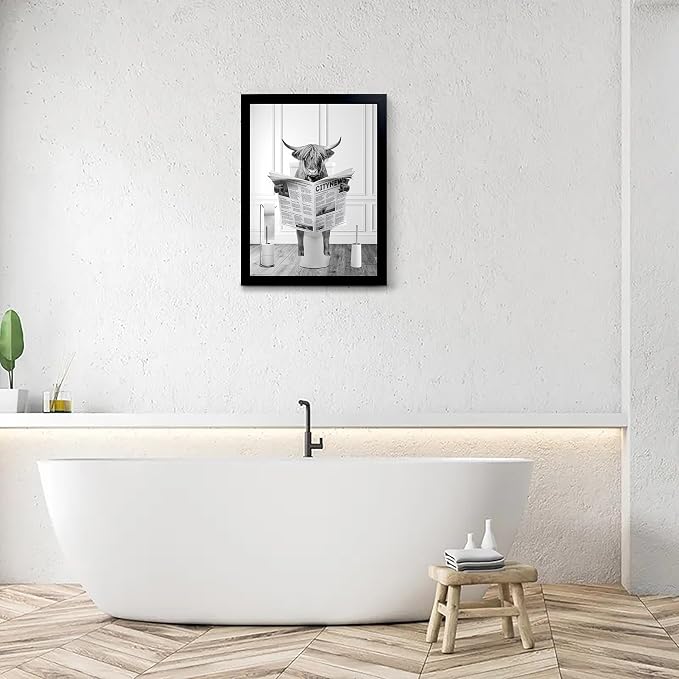 Black Framed Bathroom Decor - Funny Highland Cow Wall Art in Bathtub, Black and White Canvas Cow In Bathroom Picture, Humor Animals Bathroom Artwork Prints, Wall Decor Ready To Hang for Living Room,