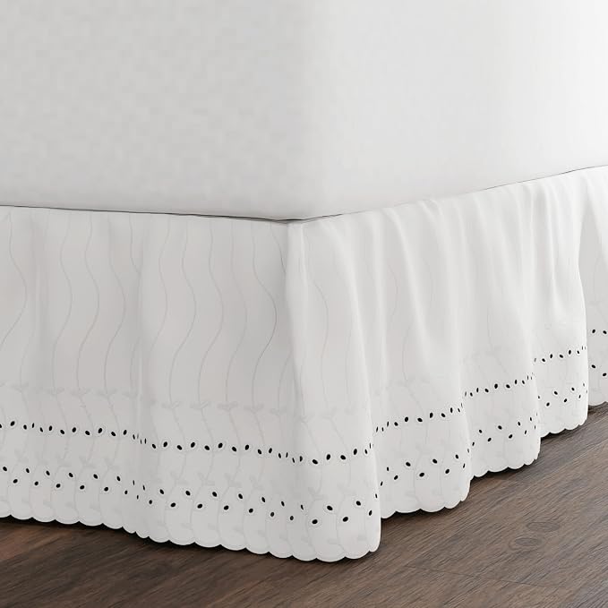 Fresh Ideas Eyelet Bed Skirt, Ruffled Design, 14 Inch Drop, Embroidered Scalloped Edge, California King, White