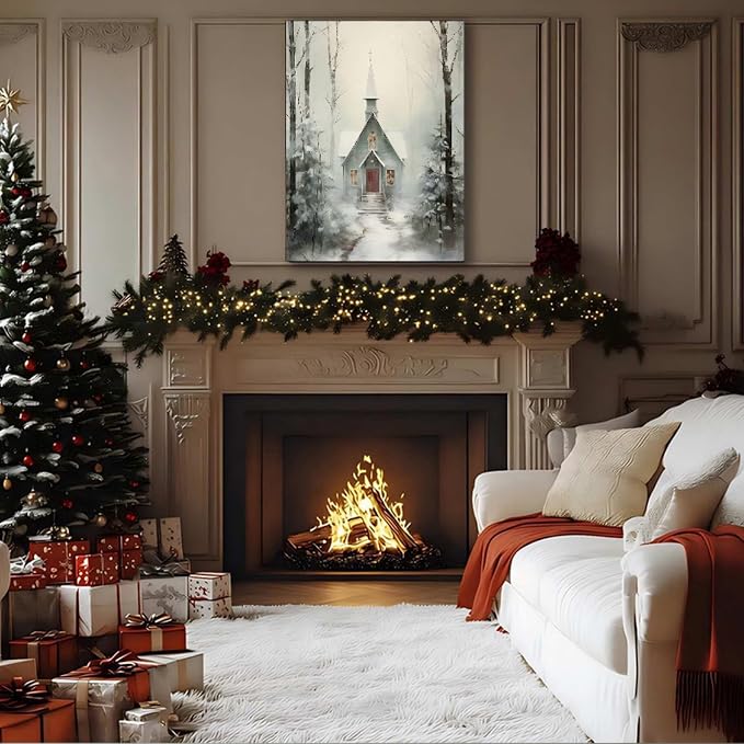 Winter Cabin Wall Art Poster Print 8x12inch, Snowy Forest Scene Art, Framed Christmas Prints – Christmas Canvas for Living Room & Bedroom, Christmas Decorations, Holiday Wall Decor