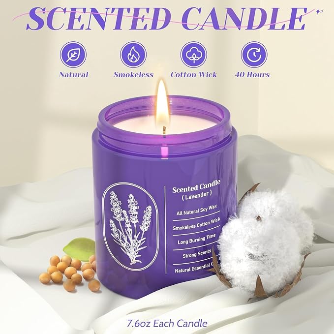 WarmEmbrace Lavender Scented Soy Candle for Women & Men, 7.6 Oz, 4 Packs | Highly Scented With Essential Oil & 40+ Hour Burn Time，Cotton Wick & Reusable Glass Jar For Home Or Gifting