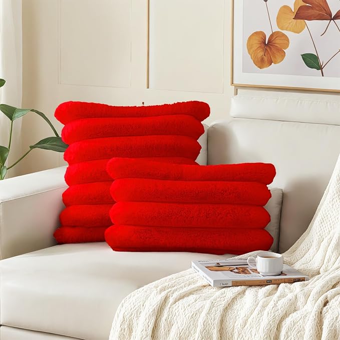 HAUSSY Pack of 2 Pillow Covers 24x24 Inch, Faux Fur Decorative Couch Throw Pillows Soft Striped Plush Cushion Covers Home Decor Cute Furry Pillowcase for Living Room Sofa Bed, Red (Covers Only)