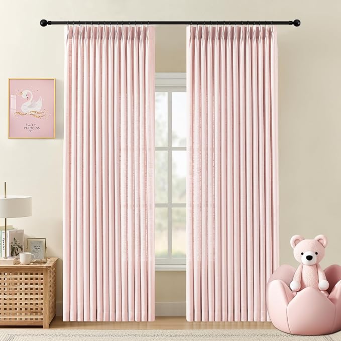 Pink Pinch Pleated 90 Inch Sheer Linen Blend Curtains for Living Room | Light Filtering, Bedroom, Girls Room, Pinch Pleat, Hook Rings, Non See Through, Memory Shape, W40xL90, 2 Panels, Light Pink