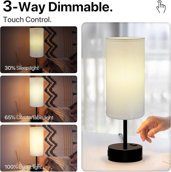 KPQ Bedside Lamp Touch Control Table Lamp with USB A+C Charging Ports & AC Outlet 3-Way Dimmable Nightstand Lamp with Linen Fabric Shade (White Shade-Black Base, 14" Small Size Touch Control)
