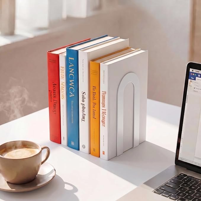Sanwarm Bookends, 6 Pcs, Metal, for Home Office Desk Shelves Modern White | Metal Decorative Book Ends Non-Skid Book Stoppers Holder 3 Pair Gifts for Reading Enthusiasts Library Decor