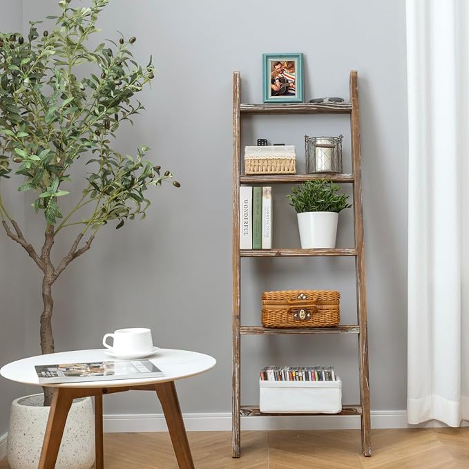 MyGift 4.5 Foot Torched Brown Wood Decorative Blanket Ladder Shelf | Farmhouse Display Storage Throw Quilt Organizer Rustic Décor Living Room Bedroom Interior Accent Leaning Shelving