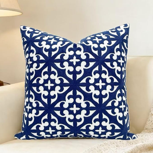 Slow Cow Canvas Embroidery Decorative Throw Pillow Cover Navy Blue Cushion Cover for Living Room 18 x18 Inches