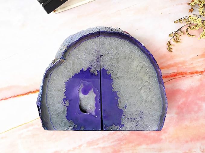 JIC Gem Purple Agate Geode Bookends Heavy Duty Crystal Stone Book Holders | Dyed Polished Gemstone Book Stoppers for Shelves,Decorative Holders with Non-Skid Rubber Bumpers for Decor,1 Pair, 6-8 Lbs