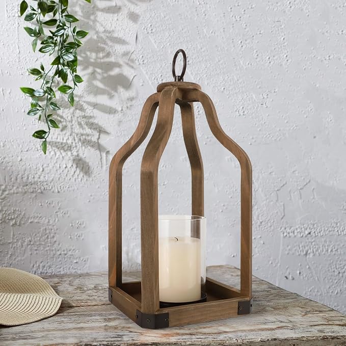 Rustic Wood Lantern Candle Holder for Farmhouse Decor | Indoor and Outdoor Table Centerpiece with Glass Hurricane, 15.7" High