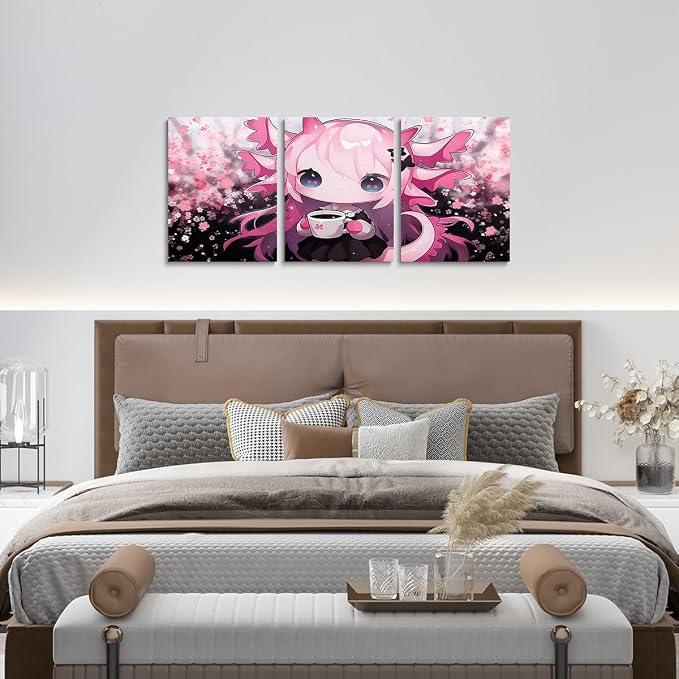Feelyou Boys Girls Cute Pink Axolotl Picture Wall Decor Kawaii Animal Wall Painting Posters Glitter Canvas Wall Art for Living Room Bedroom Kids Cherry Blossoms Bathroom Wall Art 12"x16"x 3Pcs