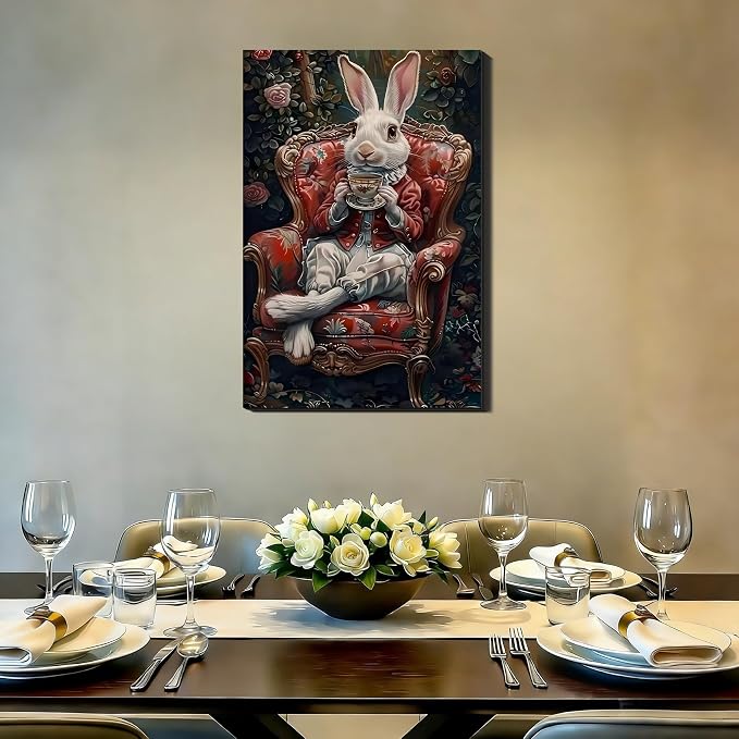 Noble Gentleman Easter Rabbit Canvas Print, Vintage Framed Bunny Art for Office Wall Decor, Victoria Spring Canvas Art Pictures for Living Room Hallway Holiday Wall Decoration