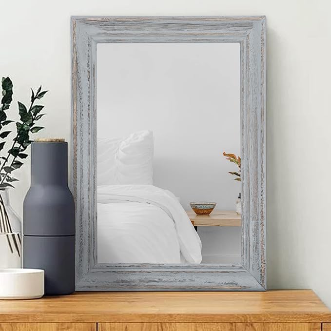 Wooden Mirror Rectangle Rustic Hanging Mirror Farmhouse Modern Bathroom Bedroom Wall Mirror Decor Grey Retro Grey 16inchx12inch
