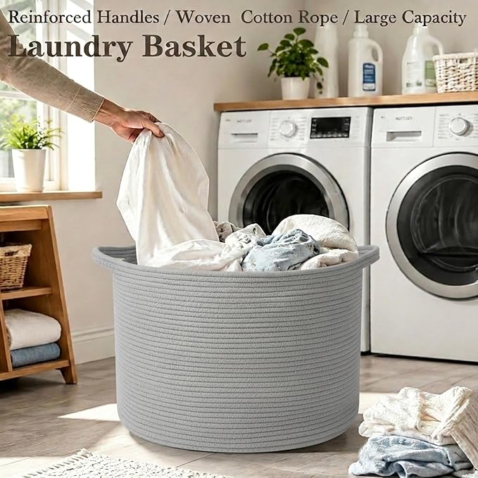 65L Large Blanket Basket,Woven Rope Laundry Basket-Light Gry | Collapsible, reinforced handles, nursery storage bin organizes clothes, toys and pillows for living room, bedroom bathroom