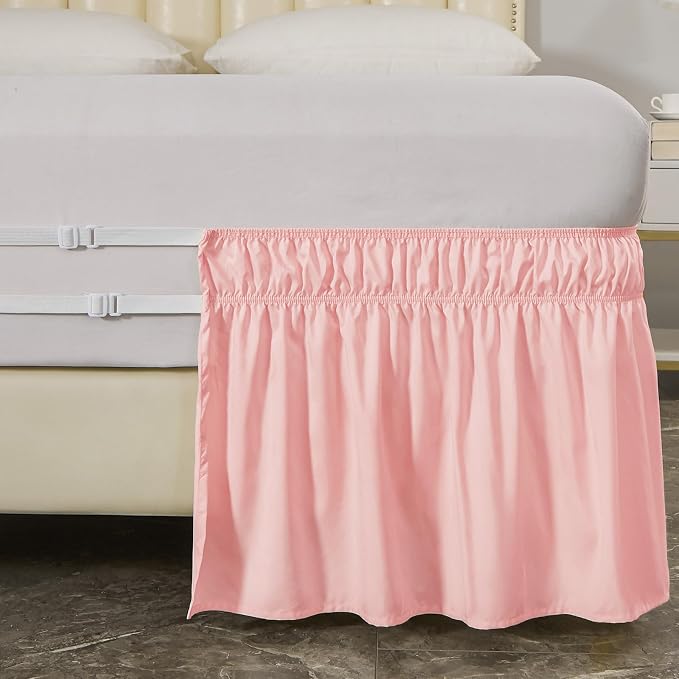 MEILA Wrap Around Elastic Bed Skirt for Queen & King Beds, 16" Drop, Pink | Three-Side Adjustable Elastic Dust Ruffle, Ruffled Polyester Fabric, Easy to Install, Fade Resistant & Machine Washable