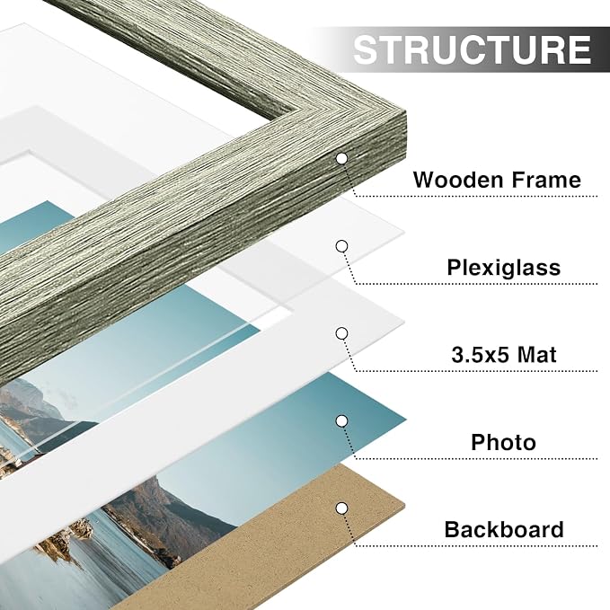 Vittanly 4x6 Picture Frames Set of 9 for Wall Mount or Tabletop, Driftwood | Display Pictures 3.5x5 with Mat or 4x6 without Mat, Small Photo Frames, Engineered Wood with Shatter Resistant Plexiglass