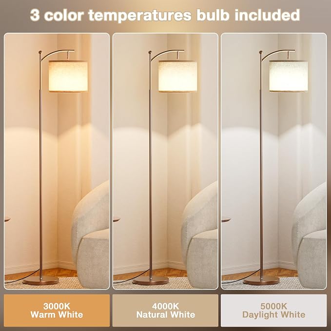 Ambimall 60" Floor Lamp for Living Room with 3 Color Temperatures, Adjustable Beige Shade with Brown Pole, Tall Lamp for Bedroom Office Classroom Dorm Room, 9W Bulb Included