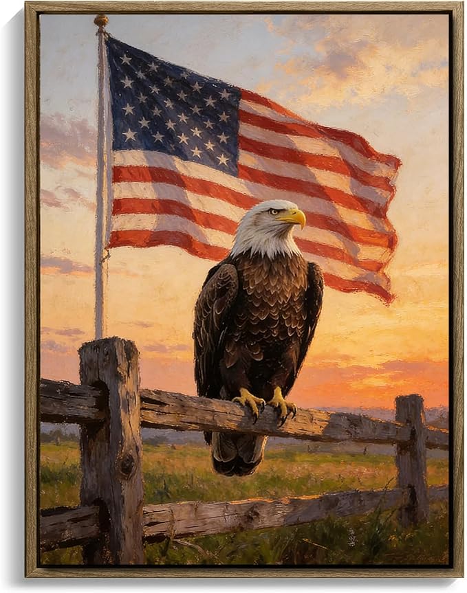 American Flag Framed Canvas Wall Art, 4th of July Patriotic Canvas Prints | USA Flag with Bald Eagle Poster Print, Vintage Independence Day Wall Decor for Bedroom Living Room 24×32in