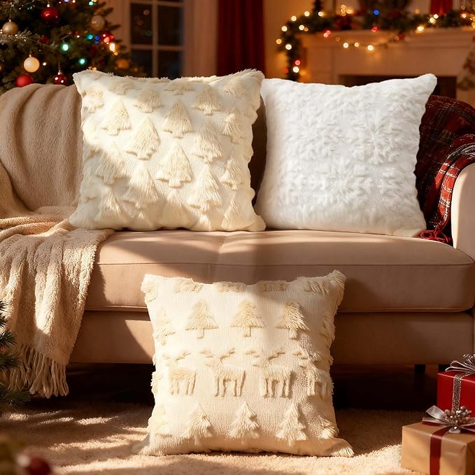 ONFAON Christmas Decorations -Christmas Pillow Covers 18 x 18 Inches Set of 2,Soft Plush Faux Fur Wool Beige Xmas Tree Throw Pillow Cases Winter Holiday Decor for Sofa Living Room