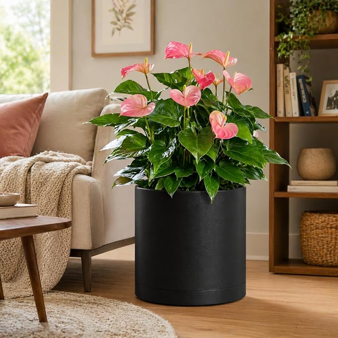 Giraffe Creation 14 Inch Cylinder Plant Pot, Modern Round Planter with Drainage Holes and Saucer, Durable Plastic Flower Pot for Indoor Outdoor Plants, Black