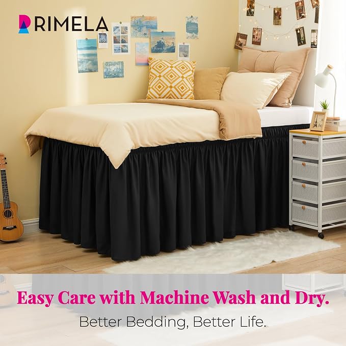 Dorm Room Bed Skirt Twin XL 42" Drop, College Split Corner Bedskirt, Black | Solid ruffled, Wrap-around/elastic, Wrinkle & Fade resistant, with Adhesive Strips, Gift Packed, Machine Wash/Tumble Dry/Iron