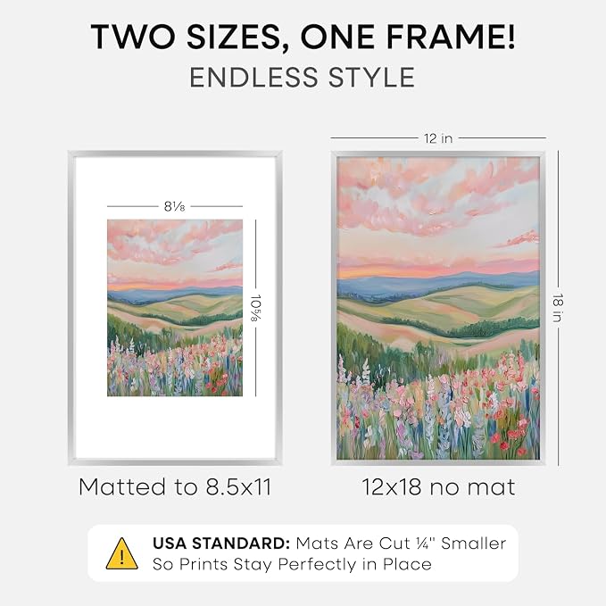 Homeforia 12x18 Silver Picture Frame, High-End Metal, 8.5x11 Mat, Glass