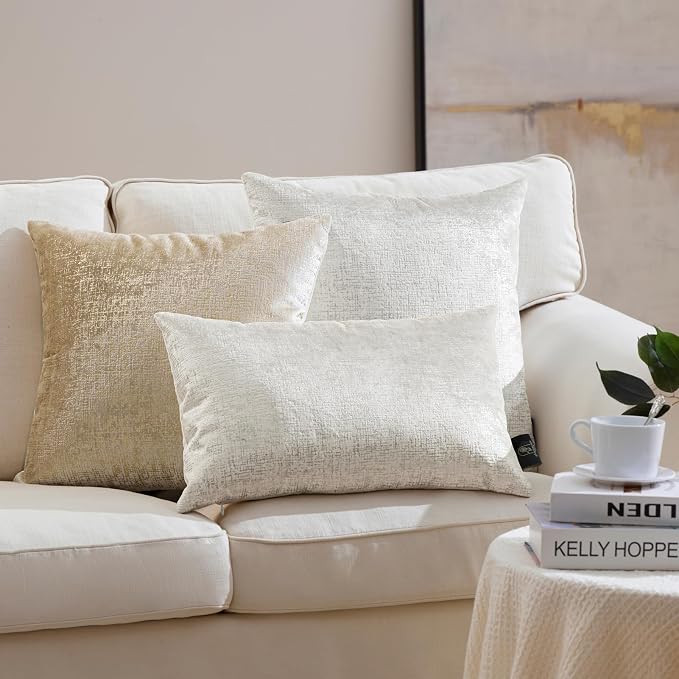 Phantoscope Pack of 2 Sparkling Velvet Decorative, Silver and White Decorative Velvet Pillow Cover, Solid Square Cushion Cover Pillowcase for Couch Bed and Chair, White, 12 x 20 inches, 30 x 50 cm