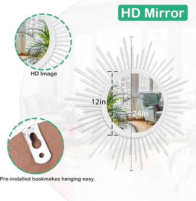 Mirrors for Wall Sunburst Decor Art Mirror Bohemian Home Round Modern Metal Mirror for Bedroom Living Room Hallway Bathroom Balcony Farmhouse White 24" x 24"