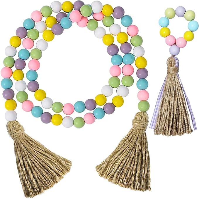 Easter Wood Beads Garland with Tassel, 2 Pack Spring Boho Decor, 34" Long, Pink, Blue, Yellow, Green, Lavender, White Beads, Round Shape
