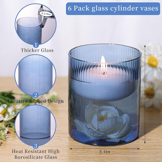 Glass Ribbed Cylinder Vase Set of 6,Bud Vase for Wedding Centerpieces,Clear Ribbed Glass Flower Vases Bulk,Hurricane Floating Candle Holder 4 Inch,Decorative Vases for Home Decor(Blue)
