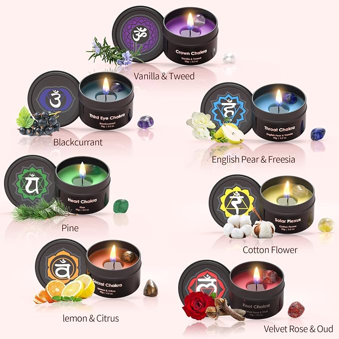Inspireyes Chakra Candles with Healing Crystals for Meditation, Soy Wax