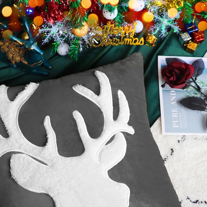 BRAWARM Christmas Pillow Cover 12 X 20 Inches, Gray Reindeer Embroidered Lumbar Pillow Cover, Soft Velvet Decorative Throw Pillow for Couch Bed Sofa Living Room Home