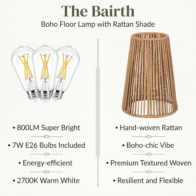 Bairth Boho Floor Lamp, Farmhouse Rattan 3-Light Floor Lamp for Living Room