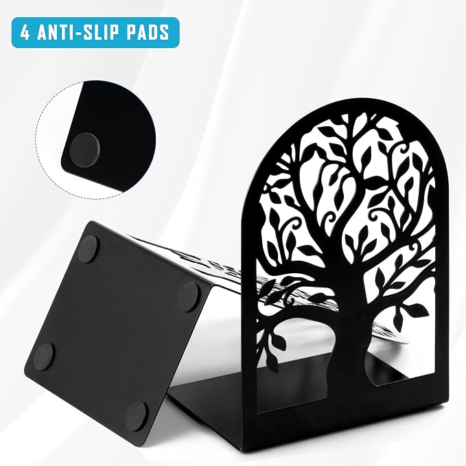 HappyHapi 5 Pair Book Ends, Metal Bookends for Shelves, Decorative Bookends | Decorative Book Holder for Shelf, Tree Stopper for Heavy Books, Black Book Ends for Home Office, 6.5 X 4.7 X 3.5 Inch