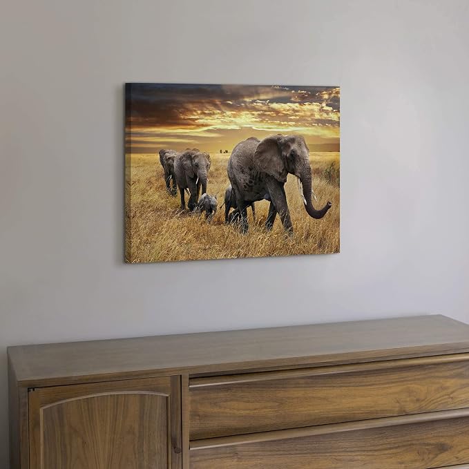 Elephant Family Picture Wall Decor - Yellow Wildlife Migration Painting - Autumn Sunset Artwork - Perfect for Bedroom & Bathroom, 16x12 inches