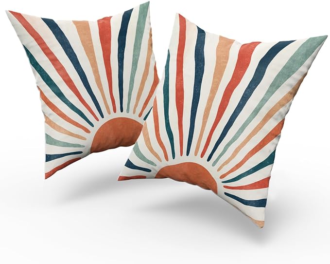 Giwawa Summer Pillow Covers 20x20in Set of 2 Colorful Boho Sun Sunset Sunrise Decorative Cotton Pillow Cases Sunshine Rainbow Stripes Throw Cushion Covers for Sofa Couch Bedding Patio