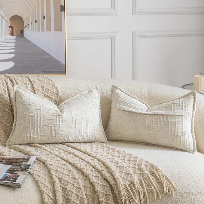 MADIZZ Pack of 2 Chenille Throw Pillow Covers 12x20 Inch Cream White Soft Neutral Decorative Throw Pillows for Couch Sofa Boho Accent Cushion Covers Modern Farmhouse Home Decor for Bedroom Living Room