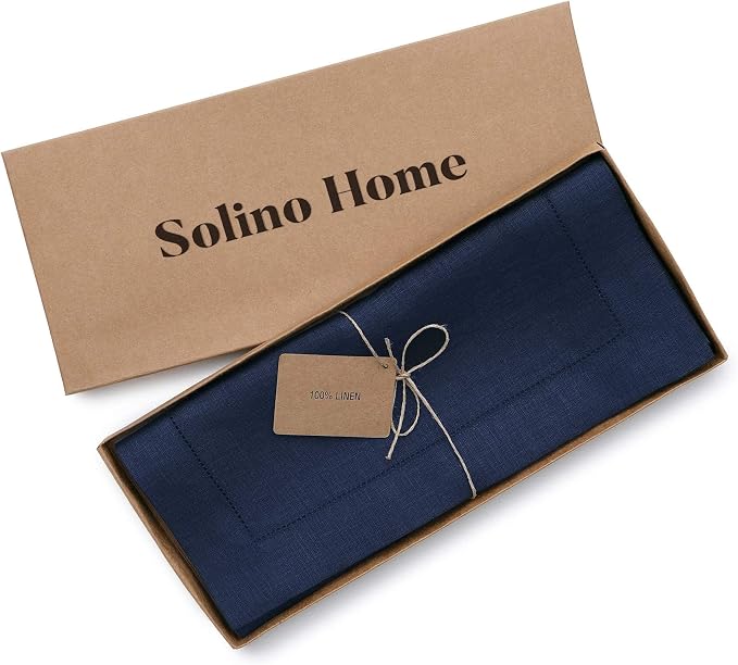 Solino Home 100% Pure Linen Dining Table Runner Navy Hemstitch, 14 x 144 in | Classic Hemstitch, a graceful centrepiece for dining and gatherings, hemstitched border, mitered corners, OEKO-TEX Certified