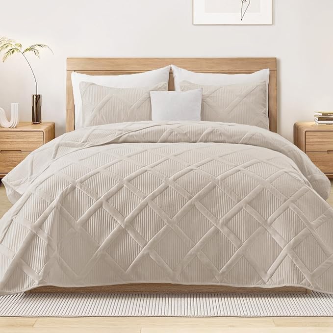 Exclusivo Mezcla Quilts Queen Size, Brich Beige | Soft Bedspreads with 2 Pillow Shams, Modern Striped Pattern, Lightweight Bedding Set Coverlets for All Seasons, 90x96 Inch