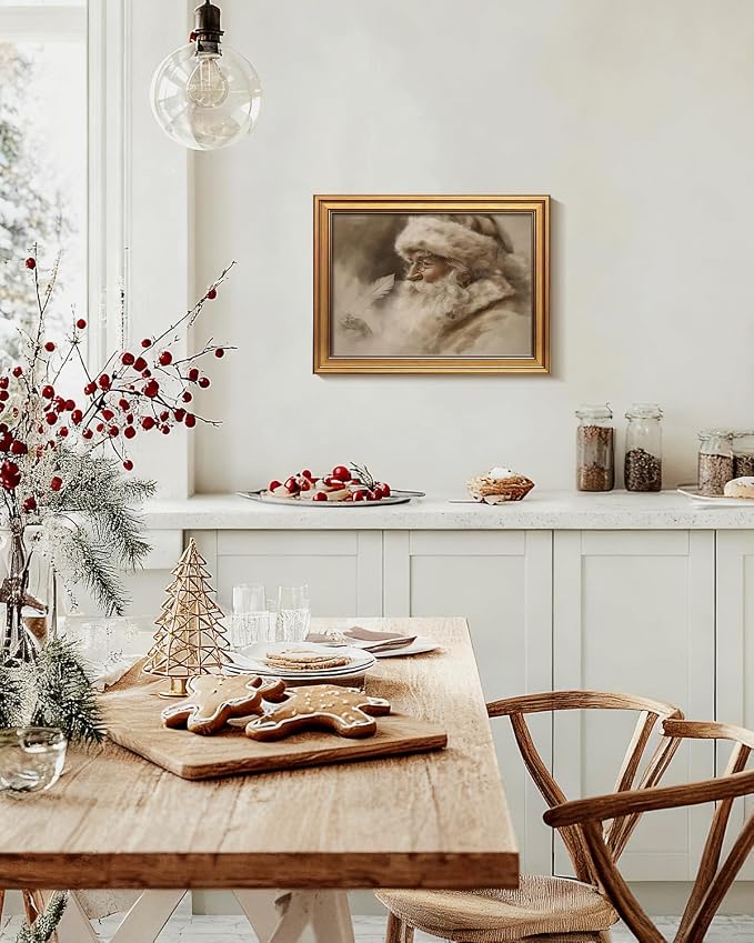 WHASAYART Gold Framed Vintage Wall Art Christmas Decorations Santa Claus Canvas Prints, Vintage Home Decor, Farmhouse Painting Picture, Bathroom Wall Decor Christmas Gifts for Family 16L x 12W