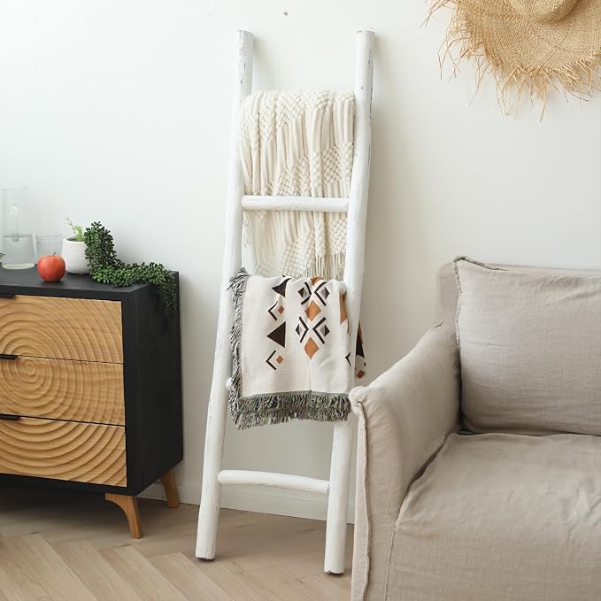 FUIN Blanket Ladder, 57in Rustic Wood Decor Rack, Fully Assembled, White | Farmhouse living room accent, Layered blanket towel quilt display, Visible wood grain, Bathroom and Bedroom use